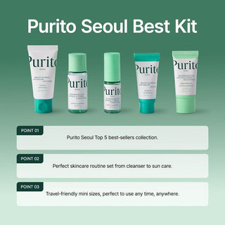 Purito SEOUL Best Kit – Odos priežiūros rinkinys su pantenoliu ir centelėmis